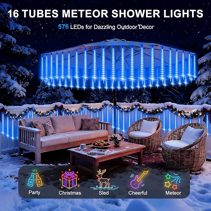 PEMOTech Christmas Lights Outdoor,16 Tubes (Equivalent to 2 Sets of 8-Tubes) Meteor Shower Lights,Waterproof Christmas Decorations for Xmas Tree Party, Outdoor Christmas Decorations,UL Plug,Blue