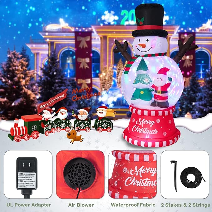 8 Ft Height Christmas Inflatables Snowman Globes with Christmas Tree and Santa Claus Decorations, Inflatables Snowman Globe Blow up with Built-in LED Lights for Party Outdoor Yard