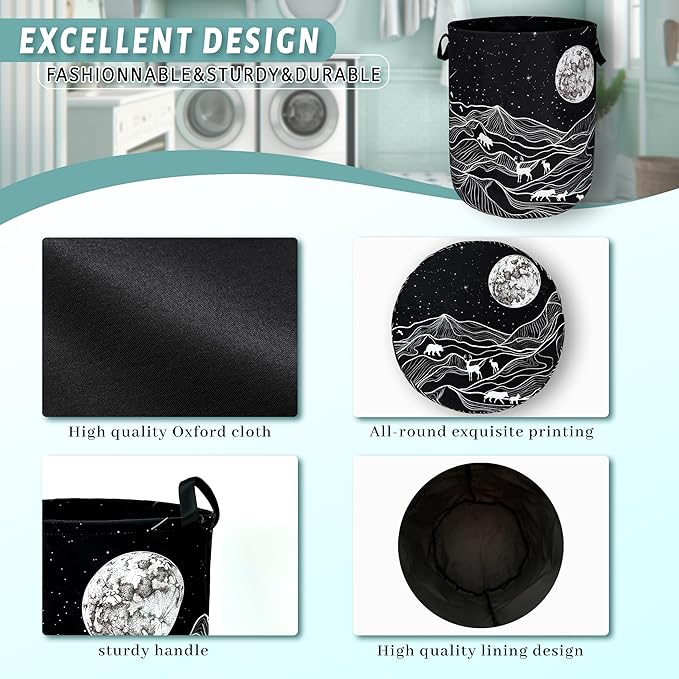 Mountain Laundry Basket Foldable With Handles Deer Bear Moon Tote Bag Oxford Cloth Funny Laundry Hamper Clothes Storage Bucket Toy Organizer For Bathroom/Laundry/Bedroom 18.9" x 16.5 "
