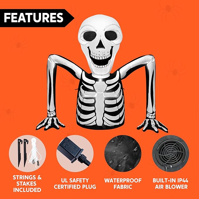 Joiedomi 5.5 FT Long Halloween Inflatables Outdoor Decorations, Skeleton Halloween Decor Blow Up Yard Decorations with LEDs, Inflatable Skeleton Ground Breaker for Outside Lawn Garden Decor
