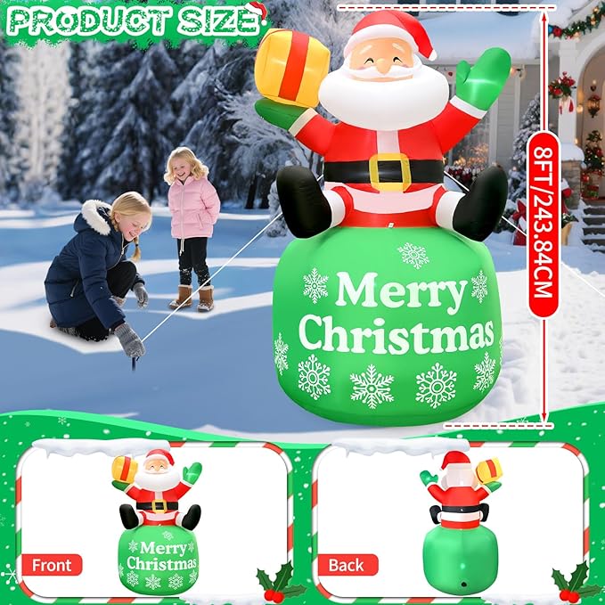 2025 Christamas Inflatable Santa 8FT Sitted Santa Claus with Gift Box Christamas Inflatables Outdoor Decorations Xmas Santa Blow Up Yard Decor with Built-in 5 LEDs for Holiday Party Yard Garden Lawn