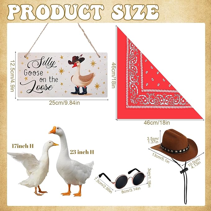 4pcs Western Cowboy Porch Goose Outfits, Silly Goose on The Loose Hangings Sign Cowboy Hat Bandana Glasses for 17 or 23 inches Statue Outdoor Patio Yard Lawn Art (Brown, Red)