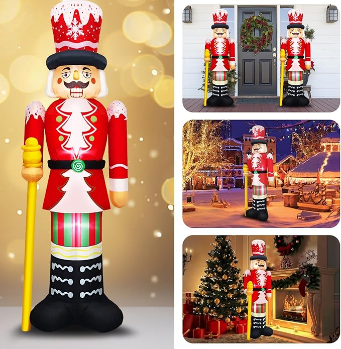 Christmas Inflatables 8FT Nutcracker Figurine Red & White Soldier with Candy Cane Stripes, Staff & Crown Hat Festive Holiday Blow Up Decoration for for Lawn, Garden or Xmas Display