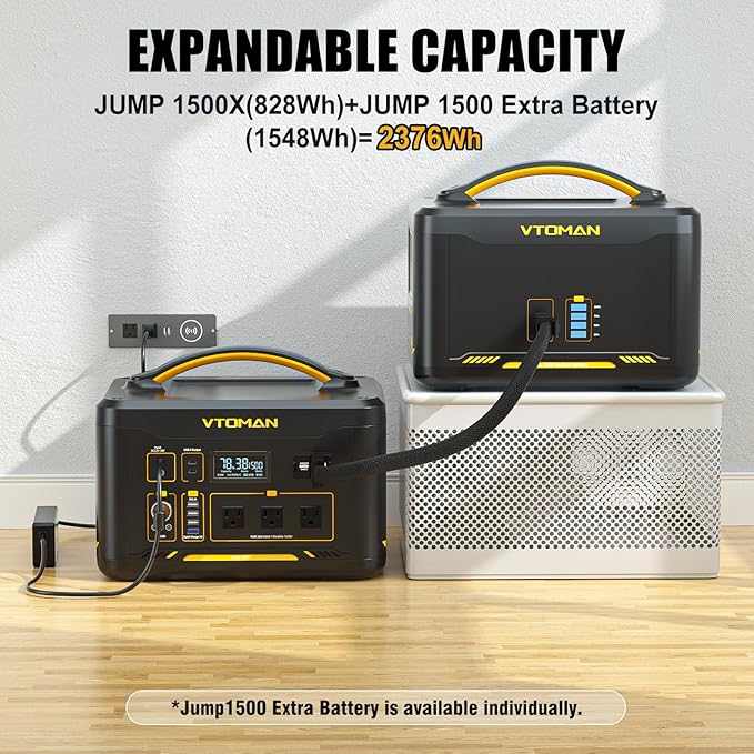 VTOMAN Jump 1500X Portable Power Station, 828Wh LiFePO4 (LFP) Battery, 1500W (3000W Peak) Solar Generator with Expandable Capacity, 3x Pure Sine Wave 1500W AC Outlets, 2xPD 100W, 3x Regulated 12V DC