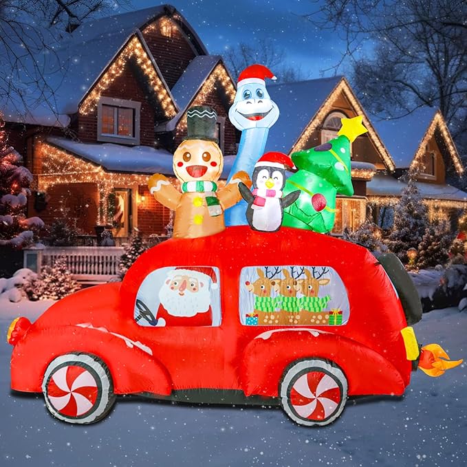 MUMTOP Christmas Car Inflatable-Christmas Inflatable Outdoor Decoration - 7.7 FT Lighted Inflatables Santa Carry Reindeer, Gingerbread, Penguin, Tree and Dinosaur, Blow Up Decor