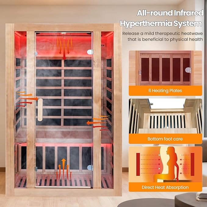 2 Person Infrared Sauna with Red Light Therapy, 1760W 120V Low EMF with Control Pane Home Indoor Dry Sauna Room for Gym & Spa, Made from Canadian Hemlock