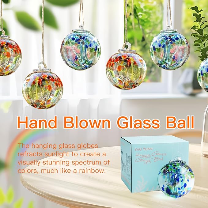 Yao Yuan 4 Inch Garden Hanging Gazing Ball Hand-Blown Glass for Hanging Gardens Window Outdoor Gazing Ball Witch Balls Glass Ornament (organe and red)