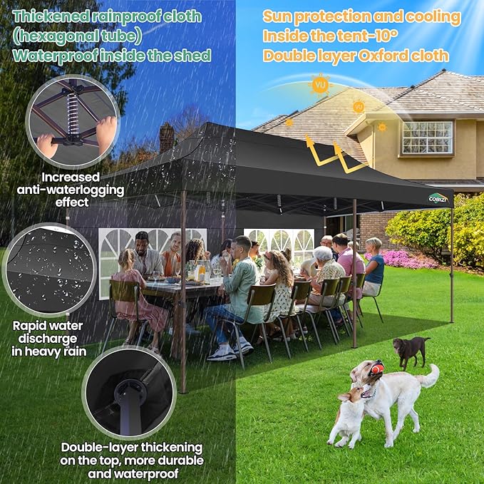 COBIZI 10x20 Pop Up Heavy Duty Canopy with 6 Sidewalls and Hexagonal Legs, Easy up Tent for Parties, Commercial and Wedding, Outdoor Canopy with Roller Bag, Sand Bags, Waterproof & UPF50+ (Black)
