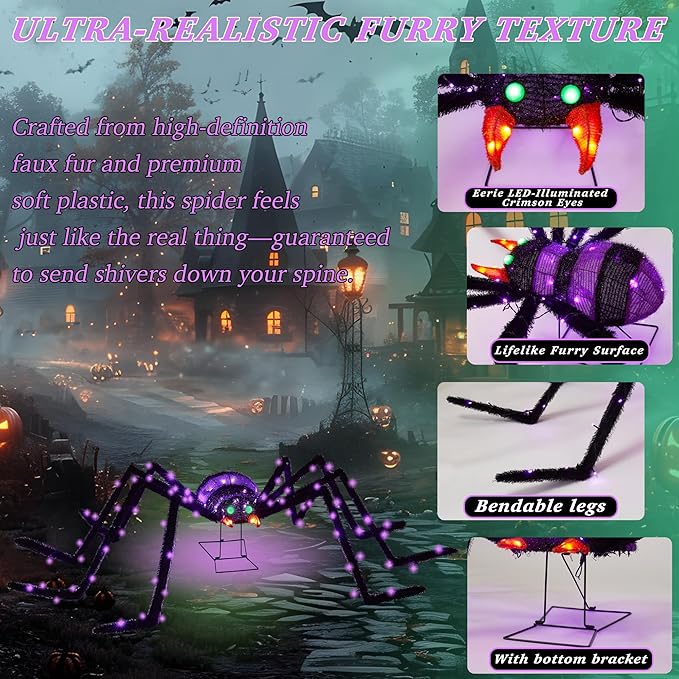 6.8Ft Giant Spider Halloween Decorations Outdoor 82" Light Up Spider with 115 LED Lights for Front Yard, Porch, Garden, Lawn, Halloween Party (Purple)