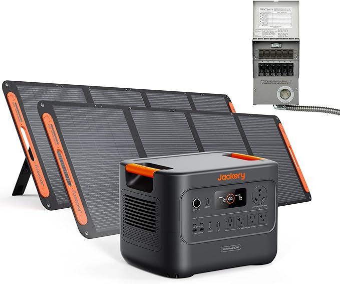Jackery HomePower 3000 Portable Power Station and Transfer Switch with 2x 200W Solar Panels, 3600W (Surge 7200W) Output, 3072Wh LFP Battery Solar Generator for Essential Home Backup, Emergencies