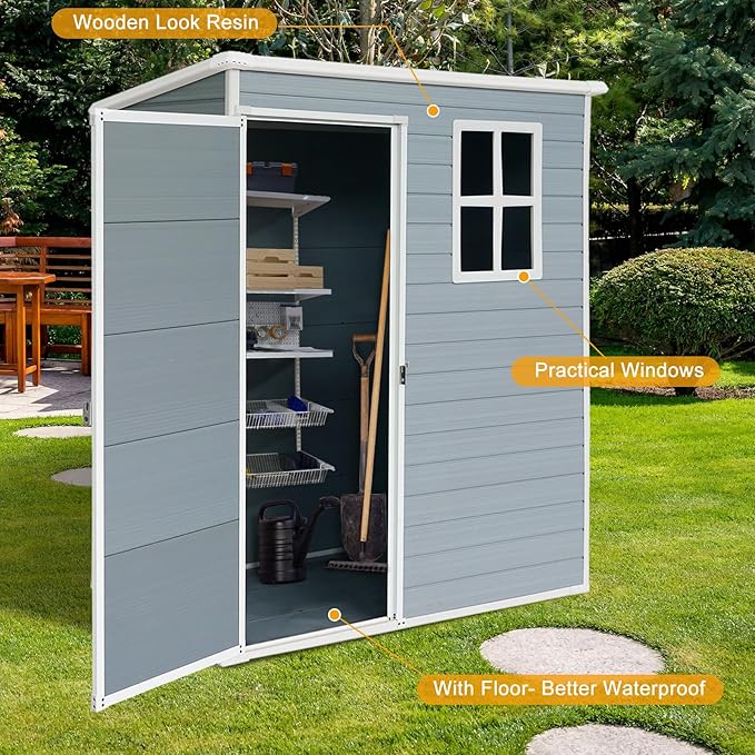 JT 5×3ft Resin Outdoor Storage Shed,Outdoor Storage Shed with Floor & Window to Store Patio Furniture, Garden Tools Bike Accessories, Beach Chairs and Lawn Mower. (Grey, 5ft*3ft)