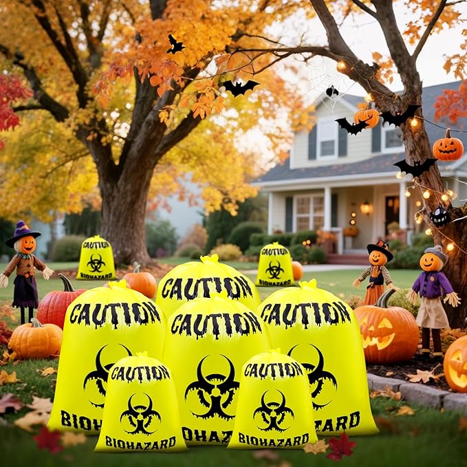 12 Pcs Large Halloween Leaf Bags Biohazard Halloween Decorations Halloween Trash Bags for Leaves Plastic Yard Lawn Waste Bag Scientist Biohazard Bag Outdoor Biohazard Zombie Party Decorations (Yellow)