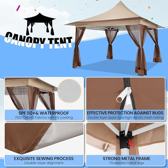 COBIZI 12x12 Pop up Canopy Gazebo on Clearance, Outdoor Canopy Tent with Mosquito Netting & Sandbags,Patio Portable Gazebo for Garden,Backyard & Lawn,Khaki