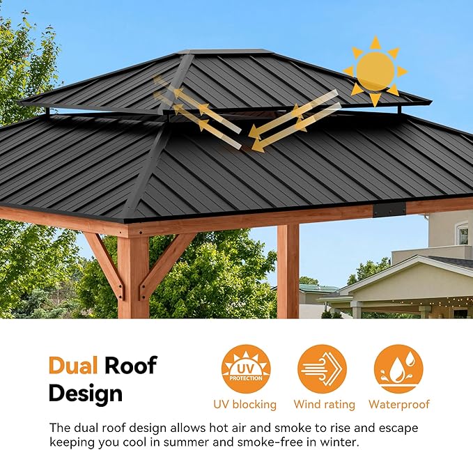 Modern Shade Rosewood Wood Gazebo 13' x 15', Cedar Framed Grill Gazebo with Double Galvanized Steel Roof, Mosquito Netting and Curtains, Permanent Hardtop with Sturdy Hooks for Garden, Backyard, Patio