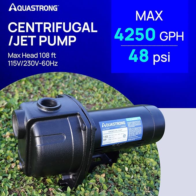 AQUASTRONG 1.5 HP Shallow Well Jet/Centrifugal Pump, 4250 GPH, 115/230V, Durable Cast Iron Booster Pump for Lawn Sprinkler, Garden Irrigation