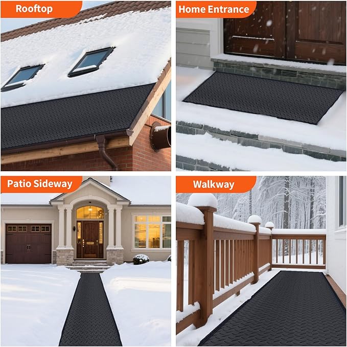 Snow Melting Mats for Roof Valley Walkways, 120V Outdoor Electric Heated Melting Snow Ice Removal, Roof Deicing System Black 15 in x 11.5 ft
