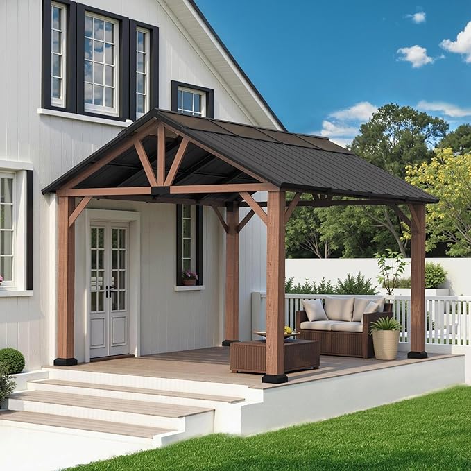 Macrout 11'x13' Hardtop Gazebo with Gabel Roof Canopy and Aluminium Frame, Outdoor Grill Gazebo Pergola for Patio, Backyard and Party, 4944 (Gable Roof + Brown Frame, 11'x13')