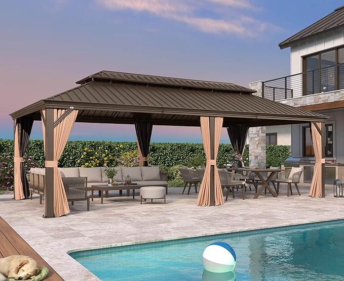 PURPLE LEAF 12' X 24' Outdoor Hardtop Gazebo Patio Wide Aluminum Frame Metal Double Roof with Heavy Duty Netting and Curtains for Permanent Hard Top Pavilion Screen, Khaki