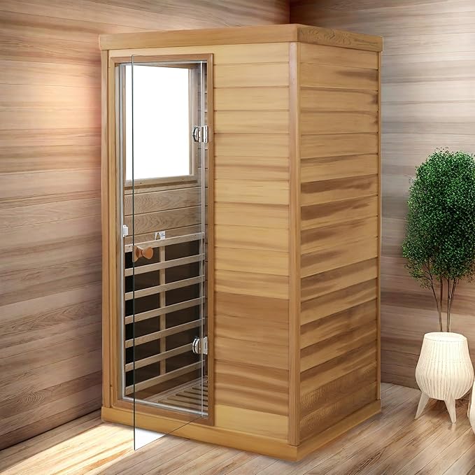 Infrared Sauna Single Person Mini Red Cedar Far Infrared Home Sauna Box with The Left Glass Door, LCD Display, BT Speaker, LED Reading Light, Natural Wood + Caramel