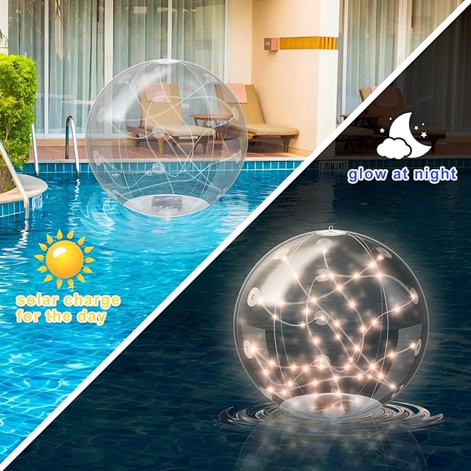 2 Pack Solar Floating Pool Lights, 14 Inch 3000K Warm White Inflatable LED Pool Balls with Remote, IP68 Waterproof Pool Lights That Float for Swimming Pool Party Yard Outdoor Decor