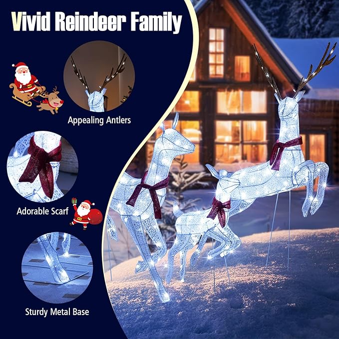 Tangkula 3-Piece Christmas Lighted Reindeer Family Set, Xmas Pre-Lit Reindeer with 255 Cold White LED Lights, Ground Stakes & Zip Ties, All-Weather Festive Decoration for Indoor Outdoor
