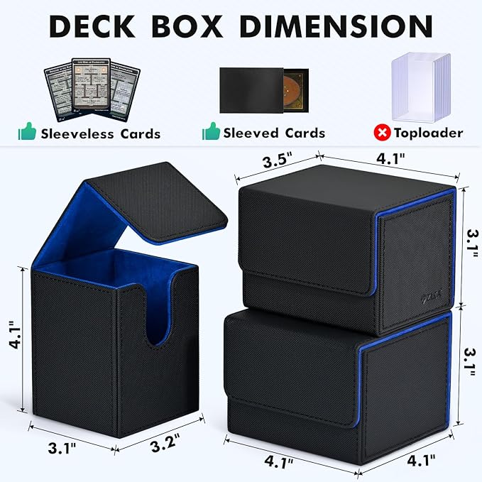 ZLCA Card Deck Box for Trading Cards, MTG YuGiOh Deck Case Holds 100+ Single Sleeved Cards, PU Leather Magnetic Card Storage Box Fits for TCG CCG Magic Game Cards (Black& Blue)