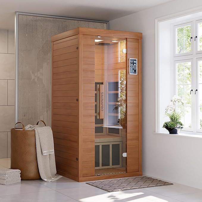 Polar Aurora 1- Person Infrared Sauna, Remotely Controllable Indoor Sauna, Low EMF 1200W/120V LCD Heater, WiFi & BT Control, 9-Color Light Therapy, Safe Flame-Retardant Material, Wood