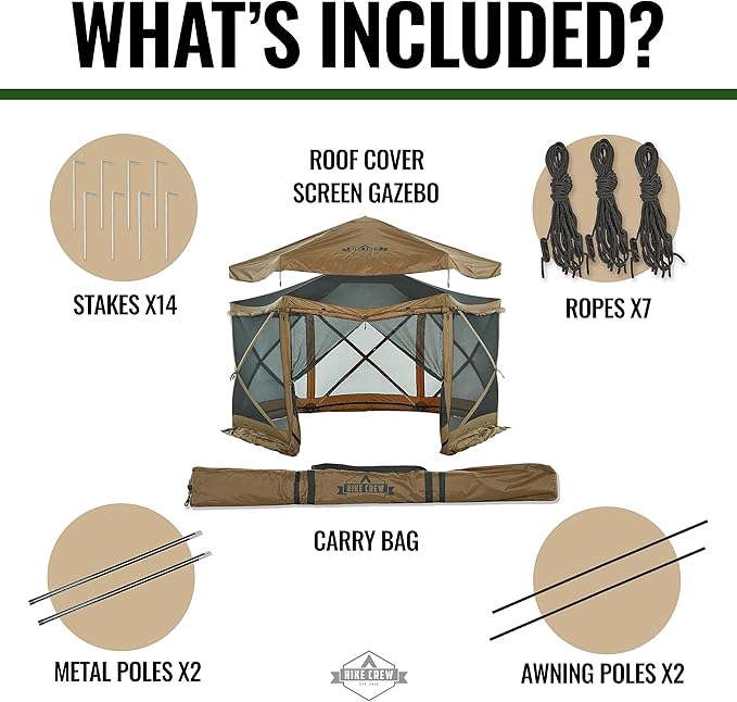 Hike Crew 13’ x 13’ Screened Roof Pop-Up Gazebo Screen Tent | 6-Sided Outdoor Canopy Shelter w/Roof Cover, Built-in Zippered Panels, Built-in Awning, Stakes, Ropes & Carry Bag | UV Resistant SPF 50+