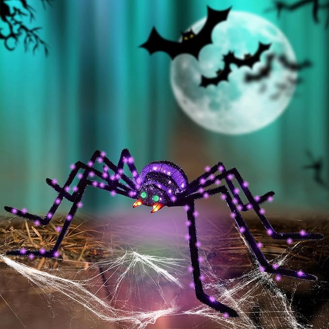6.8Ft Giant Spider Halloween Decorations Outdoor 82" Light Up Spider with 115 LED Lights for Front Yard, Porch, Garden, Lawn, Halloween Party (Purple)