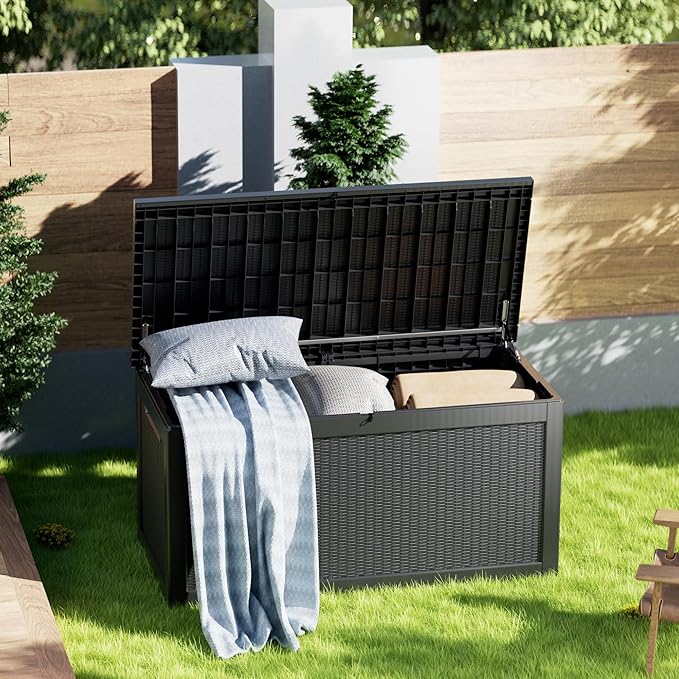 320 Gallon Deck Box, Resin Outdoor Indoor Waterproof Storage Box, Lockable Storage Box With Handle for Patio Furniture - Garden Tools - Swimming Pool Tools UV-Resistant - Black