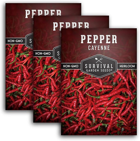 Survival Garden Seeds - Red Cayenne Pepper Seed for Planting - 3 Packets with Instructions to Plant and Grow Hot Chili Peppers in Your Home Vegetable Garden - Non-GMO Heirloom Variety - Chili Seed