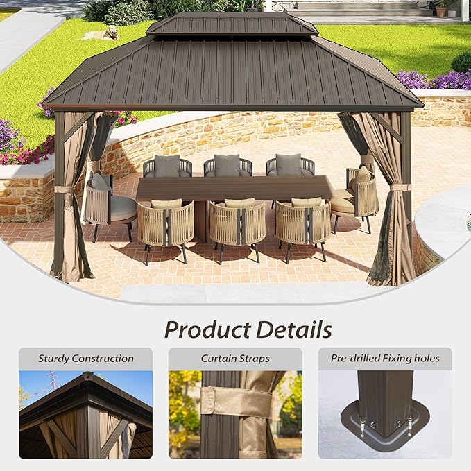 Domi 12'x14' Hardtop Gazebo Canopy Metal,Outdoor Metal Gazebo with Galvanized Steel Double Roof,Curtain and Netting,Permanent Gazebo Pavilion for Patio Deck,Backyard