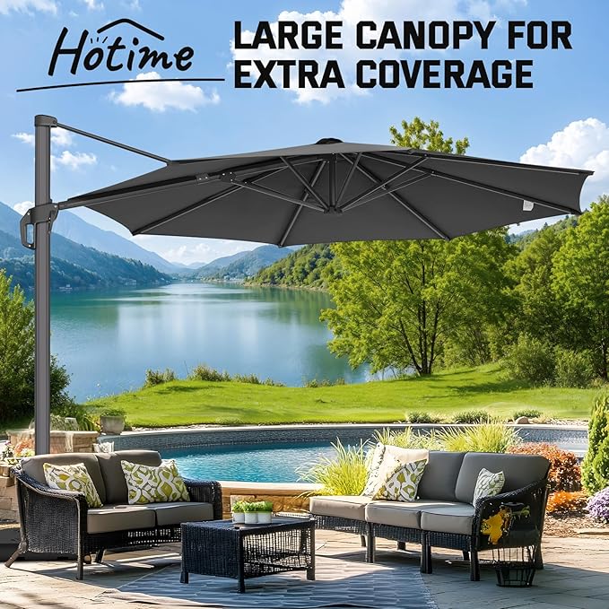 Hotime 10ft Patio Umbrella Outdoor Patio Windproof and Height adjustable, Heavy Duty Aluminum Round Offset Patio Umbrella Cantilever Pool Umbrella with 360°Rotation for Garden Deck Pool, Gray