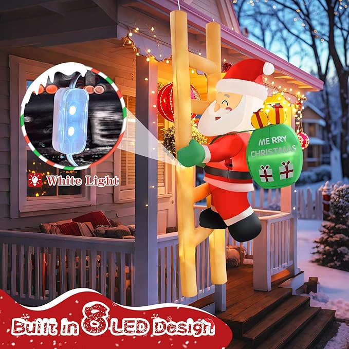 2025 Christamas Inflatable Santa 8FT Climbing Santa Claus with Gift Bag Inflatables Christamas Outdoor Decoration Xmas Santa Blow Up Decor with Built-in 9 LEDs for Holiday Party Yard Garden Lawn