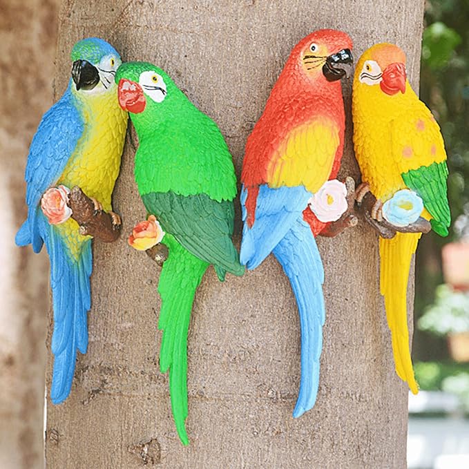 Bird Statue Garden Decorations,Outdoor Resin Bird Figurine Decoration,Bird Statue Real Parrot Figurine,Flapping Macaw Bird Tropical Decor Wall Sculpture, Polyresin, Full Color
