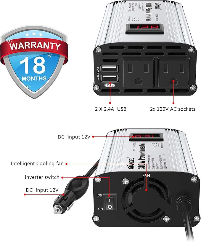 300W Power Inverter DC 12V to 110V AC Car Inverter with 4.8A Dual USB Car Adapter with LED Display