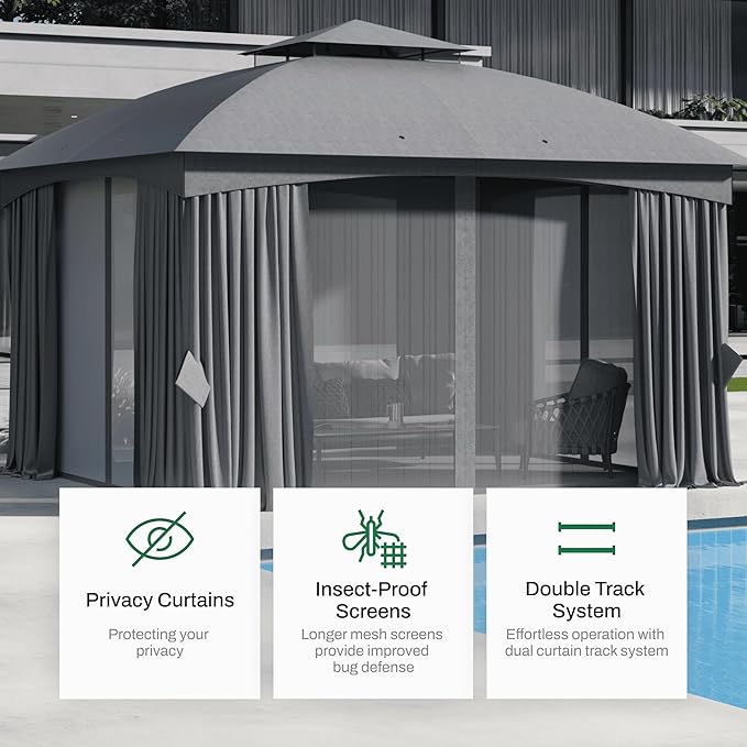 Heavy Duty Gazebo, 11 x 13 Ft Outdoor Patio Pavilion with Galvanized Steel Metal Frame and Double Roof, Curtain and Netting Included, for Outside, Garden, Yard & Lawn