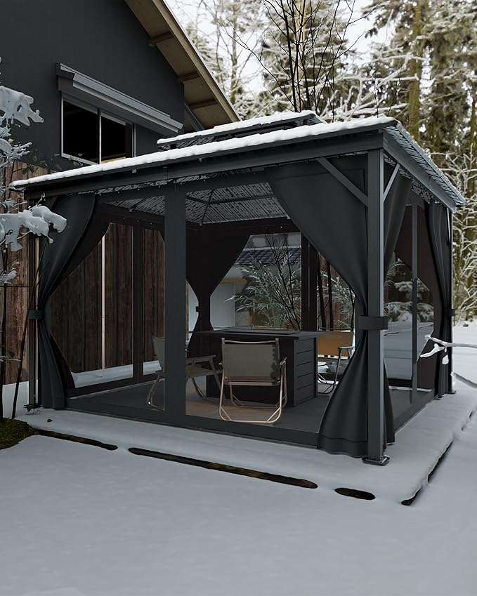 10x14 Ft Hardtop Gazebos with Heavy Duty Double Roof, Nettings and Curtains Galvanized Steel Outdoor Gazebos for Patio, Backyard, Deck, Lawn (Grey)
