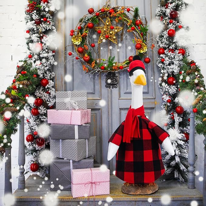 Christmas Red and Black Buffalo Plaid Goose Outfit Clothes for 23" High Cement or Plastic Goose Lawn Clothing Porch Garden Costume for Yard Outdoor Patio Statue Xmas Holiday Decor