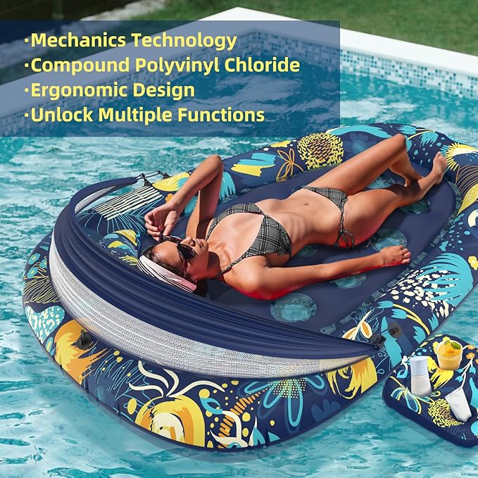 3-in-1 Pool Floats with Canopy Cup Holder, Large 73" x 48" Pool Floats Adults Heavy Duty, Inflatable Lounger Raft Floating Chair with Backrest, Swimming Pool Lake Beach Pool Party