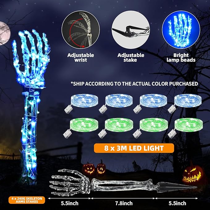 Halloween Lighted Skeleton Hands Set, 4 Pack Light Up Skeleton Arm Stakes, 4 x 3m 240 LED Green & Blue Lights with 3 Modes, Realistic Halloween Yard Outdoor Decorations Graveyard Garden