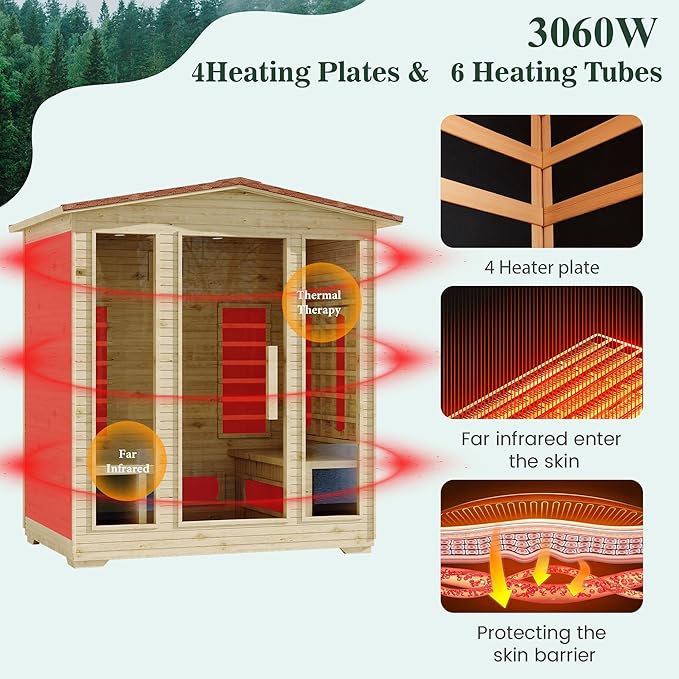 4 Person Outdoor Infrared Sauna - 3D Fast Heating Home Spa Sauna w/Chromotherapy Light, Wooden Sauna Room Kit w/Bluetooth Speaker (CE Certified,220V)