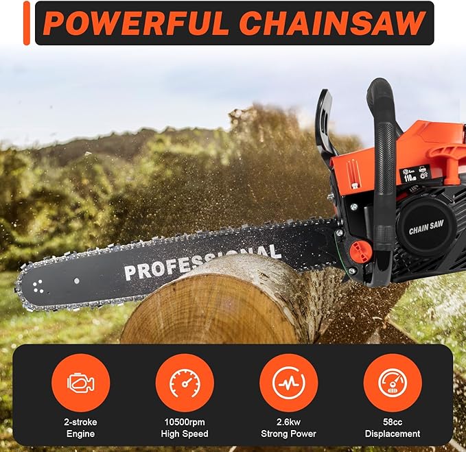 58cc Gas Chainsaw, 20 Inch Gas Powered Chainsaws with Tool Bag, 3.6HP 2-Cycle Handheld Cordless Petrol Gasoline Chain Saw for Cutting Tree Wood Trimming Garden Farm