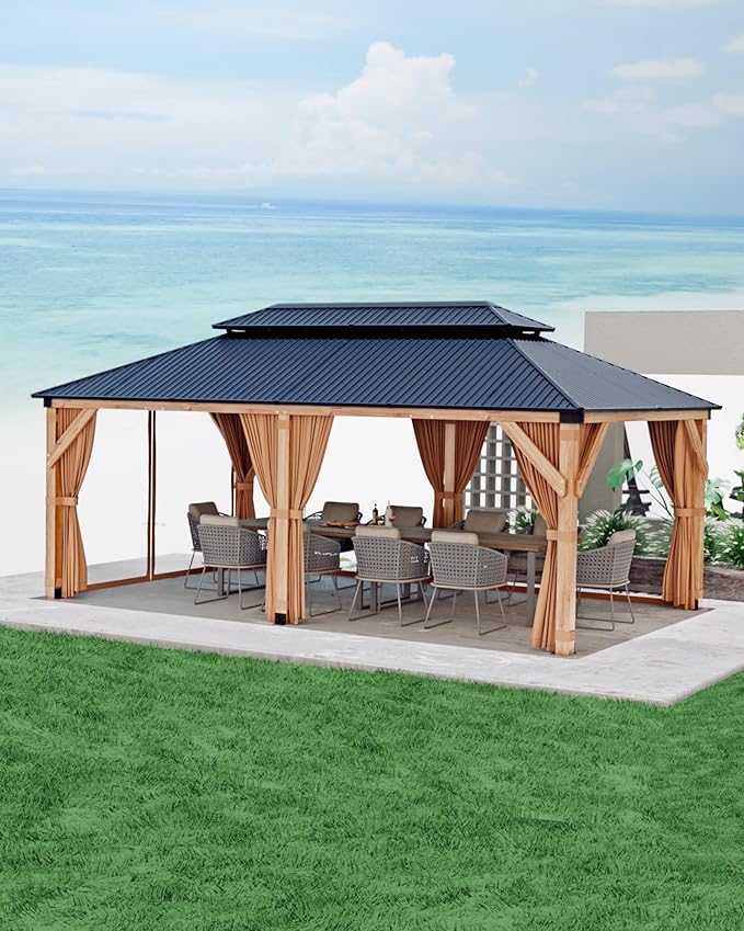 GAOMON Hardtop Spruce Wood Gazebo 12'x20', with Double Roof of Metal Sheets, 4.7'' Heavy Duty Poles, Net, and Curtain, Permanent Building for Patio, Deck, Backyard, Lawn, and Garden, Khaki