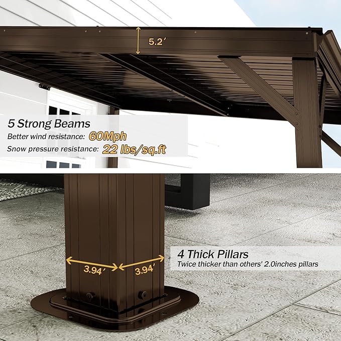 Domi 8'x8' Lean to Gazebo Hardtop, Expandable Wall Mounted Pergola with Gutters & Galvanized Steel Roof, 60MPH Wind Resistance, Outdoor Metal Heavy Duty Metal Awning for Patio, Deck, Backyard - Brown
