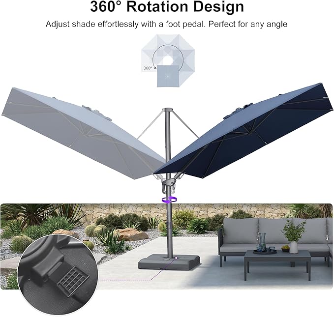 PURPLE LEAF 8' X 8' Swivel Outdoor Patio Aluminum Umbrella with Base Left-right Tilting Cantilever Offset Umbrella with UV Resistant Heavy Duty Fabric for Deck Pool Patio Backyard, Ocean Slate