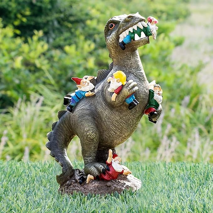 M.A.K Dinosaur Eating Gnomes Garden Decor, Art for Garden Decor, Outdoor Statue for Patio, Lawn, Yard Art Decoration, Housewarming Garden Gift