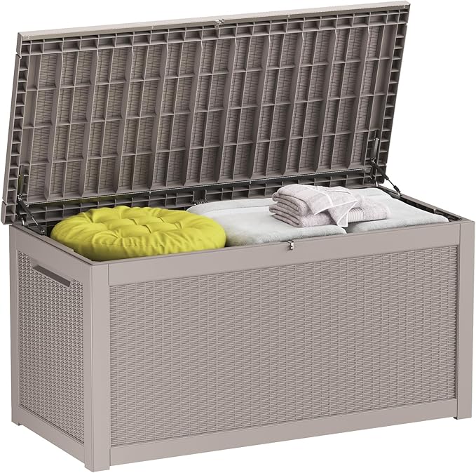 320 Gallon Deck Box, Resin Outdoor Indoor Waterproof Storage Box, Lockable Storage Box With Handle for Patio Furniture - Garden Tools - Swimming Pool Tools UV-Resistant (Grey 320 Gallon)