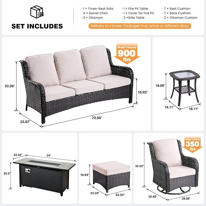ovios 10 Pieces Patio Furniture Set, Outdoor Wicker Sofa Couch with Swivel Chairs 54" Fire Pit Table, High Back All Weather Modern Conversation Sets, Brown Rattan, Beige