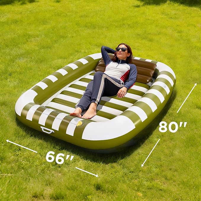 Pool Wave Inflatable Pool Lounger Floats, 80" x 66" Large Tanning Bed for Adult Kids, Outdoor Sun Bathing Floating Blow up Raft W/Pillow, Spray Water Mat, Summer Beach Lake Family Party Gift - Green